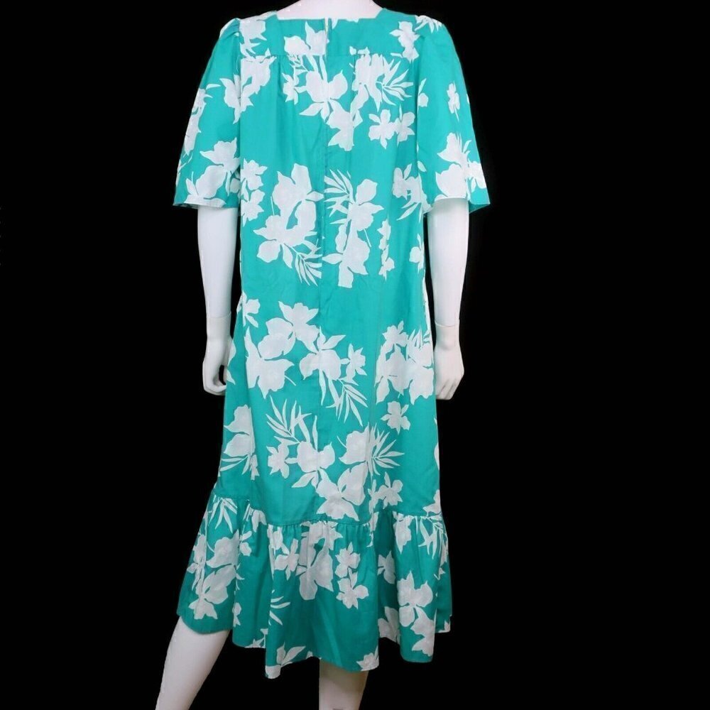 Aikane Hawaii Aloha Vintage Muumuu Lounge Trumpet Dress Green Floral Women's XL - Picture 3 of 4